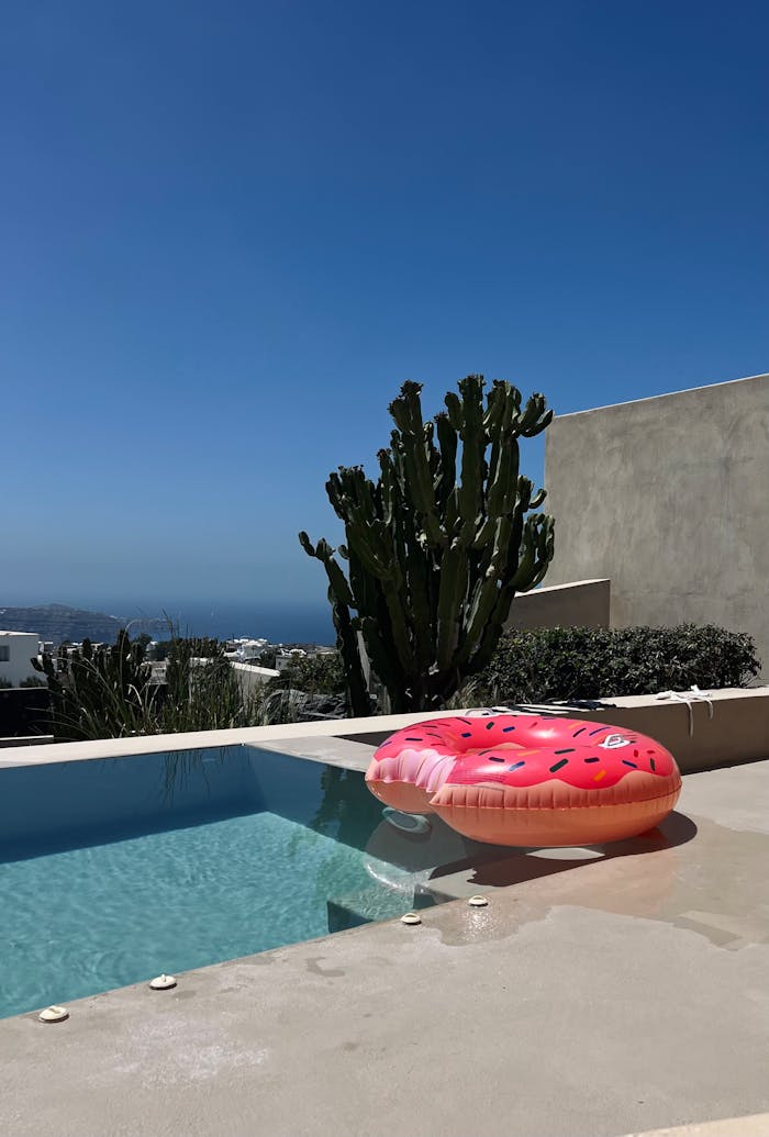 The Art of Drawing Readers In: Your attractive post title goes here Relax by the pool with a cactus and an inflatable in scenic Fira, Greece.